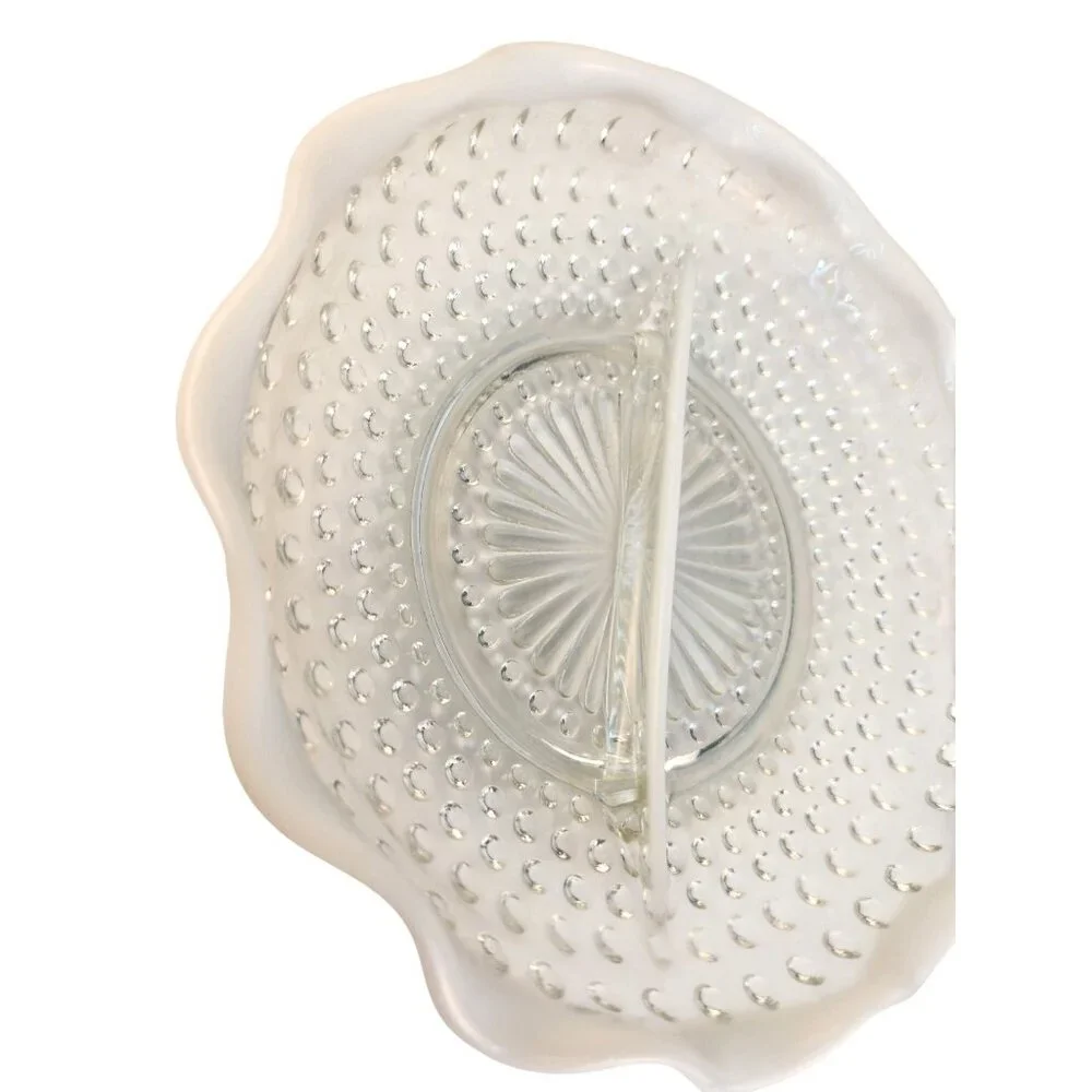 Vintage Hobnail Opalescent Relish Dish Divided Glass Scalloped Serving Bowl